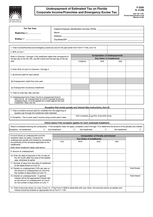 Form F-2220 - Underpayment Of Estimated Tax On Florida Corporate Income/franchise And Emergency Excise Tax Printable pdf