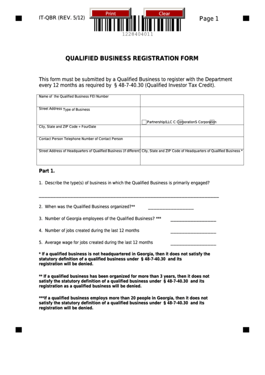 Fillable Form It-Qbr - Qualified Business Registration Form Printable pdf