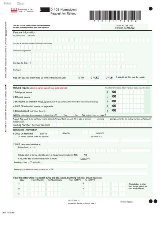 Form D-40b - Nonresident Request For Refund - 2011