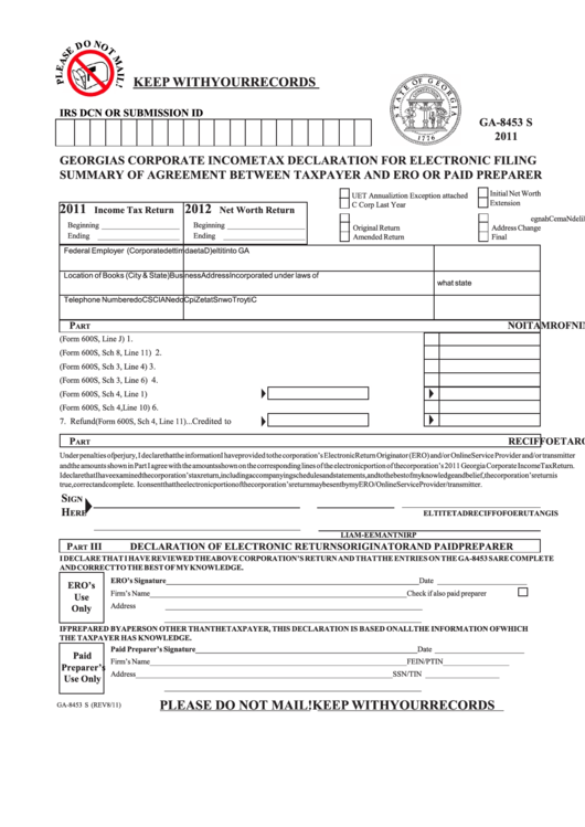 Form Ga-8453 S - Georgia S Corporate Income Tax Declaration For Electronic Filing Summary Of Agreement Between Taxpayer And Ero Or Paid Preparer - 2011 Printable pdf