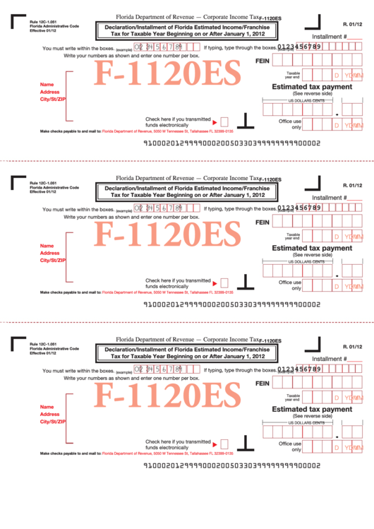 Form F-1120es - Declaration/installment Of Florida Estimated Income/franchise Tax Printable pdf