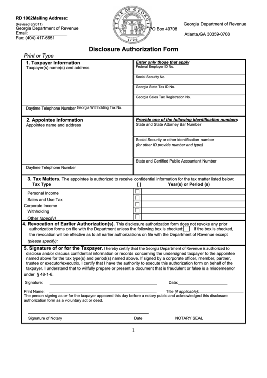 Fillable Form Rd 1062 - Disclosure Authorization Form Printable pdf