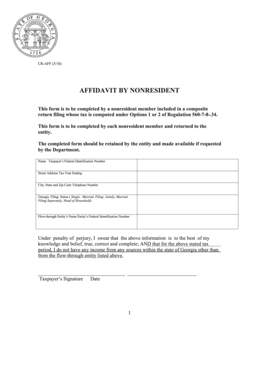 Form Cr-Aff - Affidavit By Nonresident Printable pdf