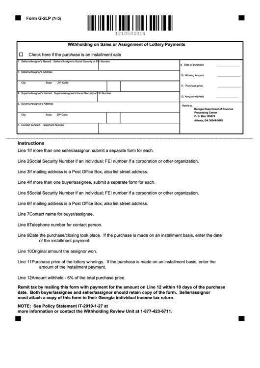 Fillable Form G-2lp - Withholding On Sales Or Assignment Of Lottery Payments Printable pdf