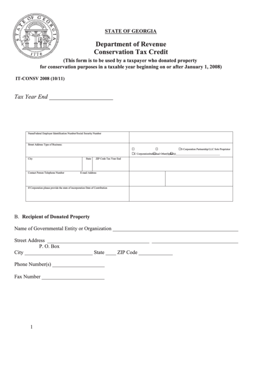 Fillable Form It-Consv 2008 - Conservation Tax Credit Printable pdf