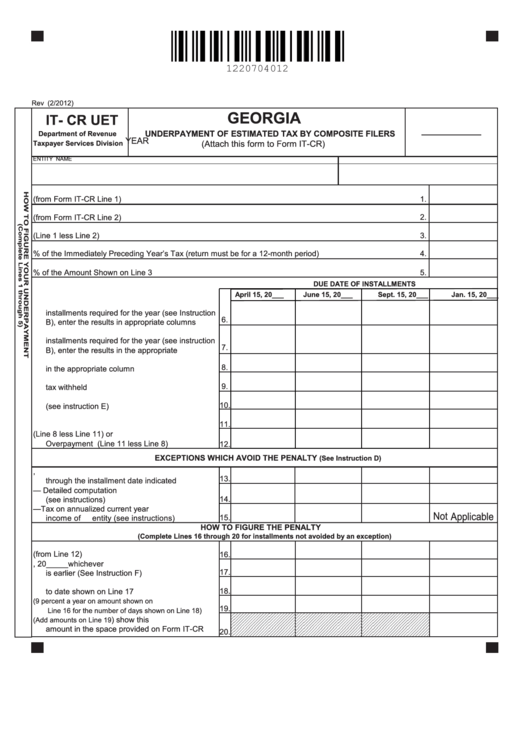 Form It-cr Uet - Georgia Underpayment Of Estimated Tax By Individuals Fiduciary