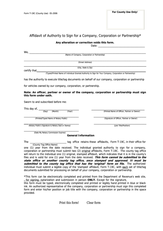 Fillable Form T-19c - Affidavit Of Authority To Sign For A Company, Corporation Or Partnership Printable pdf
