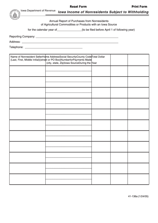 Fillable Form 41-136 - Iowa Income Of Nonresidents Subject To Withholding Printable pdf