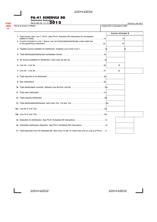 Fillable Form Pa-41 Dd - Pa-41 Schedule Dd - Distribution Deductions - 2012 Printable pdf