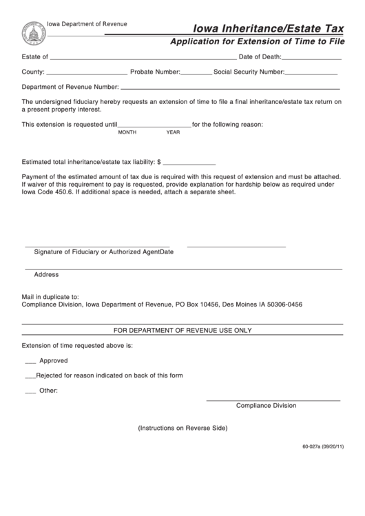 Form 60-027 - Iowa Inheritance/estate Tax - Application For Extension Of Time To File Printable pdf