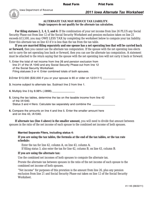 Form 41-145 - Iowa Alternate Tax Worksheet - 2011 Printable pdf