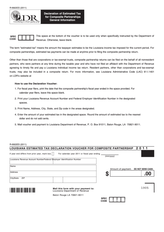 Fillable Form R-6922es - Louisiana Estimated Tax Declaration Voucher For Composite Partnership - 2011 Printable pdf