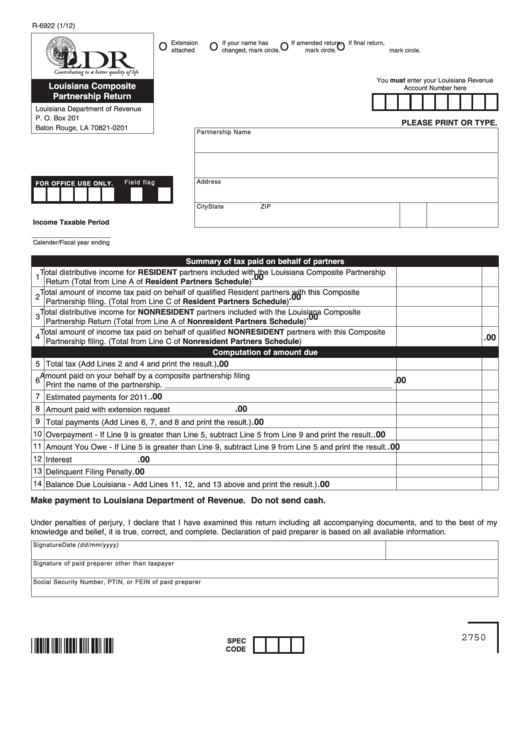 Fillable Form R-6922 - Louisiana Composite Partnership Return Printable pdf