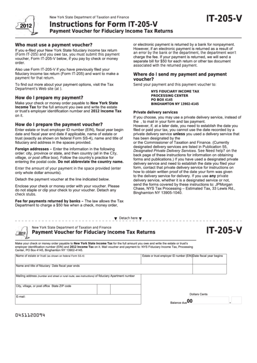 Fillable Form It-205-V - Payment Voucher For Fiduciary Income Tax Returns - 2012 Printable pdf