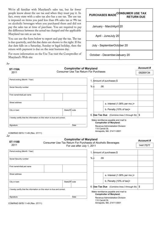 Fillable Form Com/rad 097b - Consumer Use Tax Return For Purchases/consumer Use Tax Return For Purchases Of Alcoholic Beverages - 2011 Printable pdf