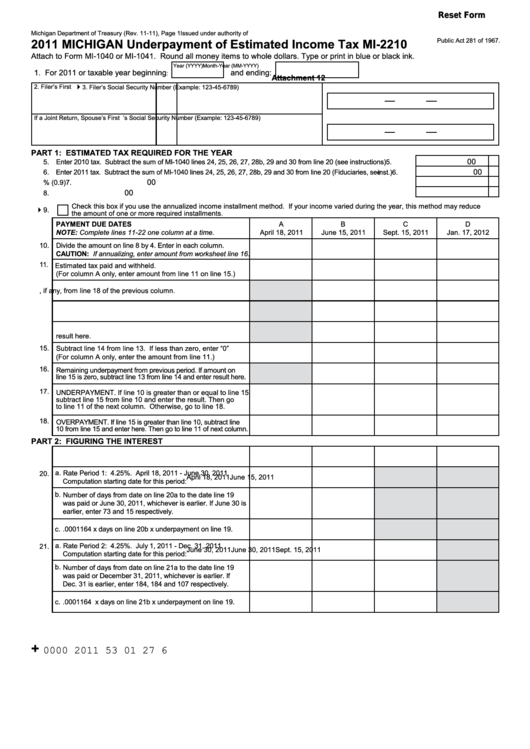 Fillable Form Mi-2210 - Michigan Underpayment Of Estimated Income Tax - 2011 Printable pdf
