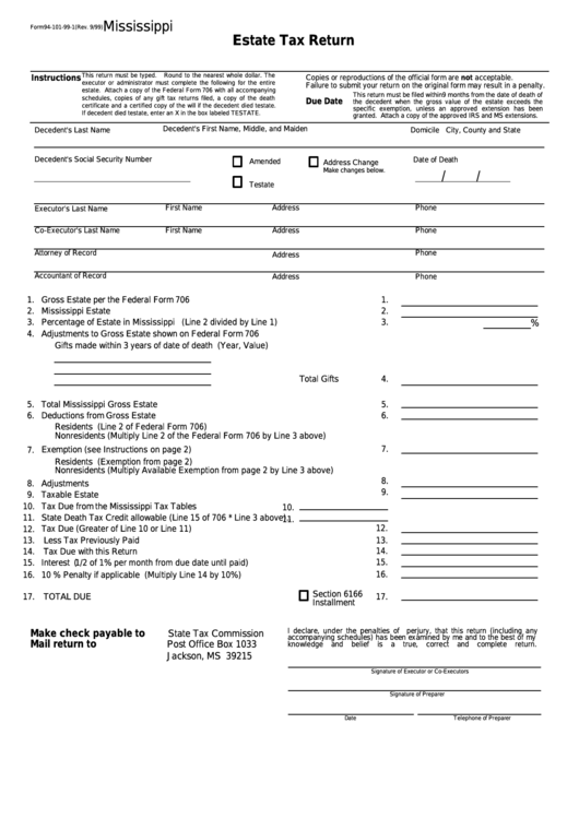 Form 94-101-99-1 - Mississippi Estate Tax Return Printable pdf