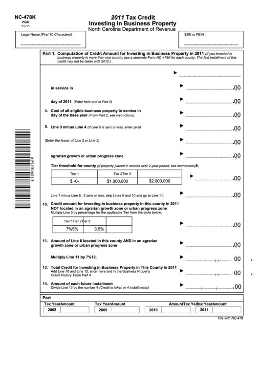 Form Nc-478k - Tax Credit Investing In Business Property - 2011 Printable pdf