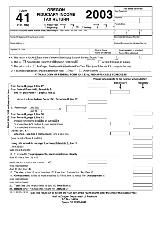Form 41 - Oregon Fiduciary Income Tax Return - 2003 Printable pdf
