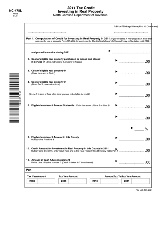 Form Nc-478l - Tax Credit Investing In Real Property - 2011 Printable pdf