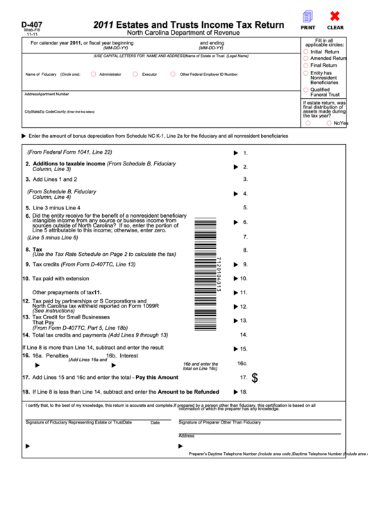 Fillable Form D-407 - Estates And Trusts Income Tax Return - 2011 Printable pdf