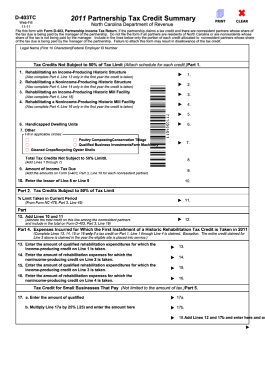 Fillable Form D-403tc - Partnership Tax Credit Summary - 2011 Printable pdf