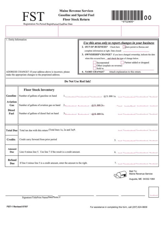 Form Fst-1 - Gasoline And Special Fuel Floor Stock Return - Maine Revenue Services Printable pdf