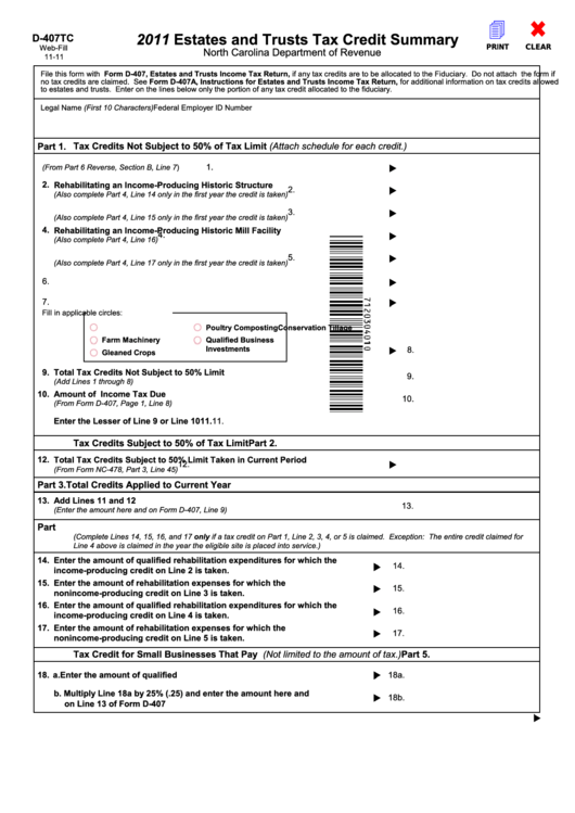 Fillable Form D-407tc - Estates And Trusts Tax Credit Summary - 2011 Printable pdf