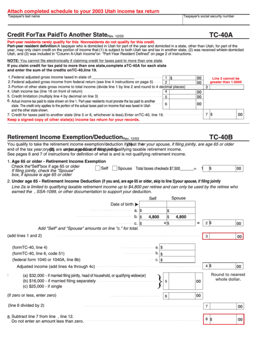Form Tc-40abc - Credit For Tax Paid To Another State - State Of Utah - 2003 Printable pdf