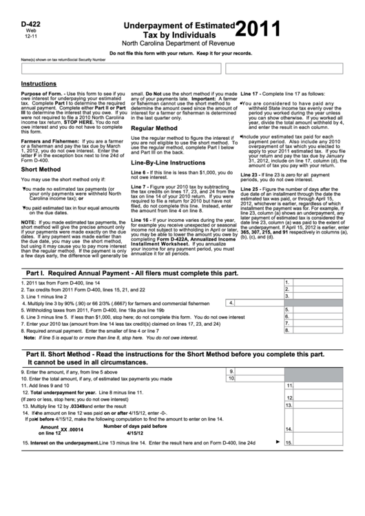 Form D-422 - Underpayment Of Estimated Tax By Individuals - 2011 Printable pdf