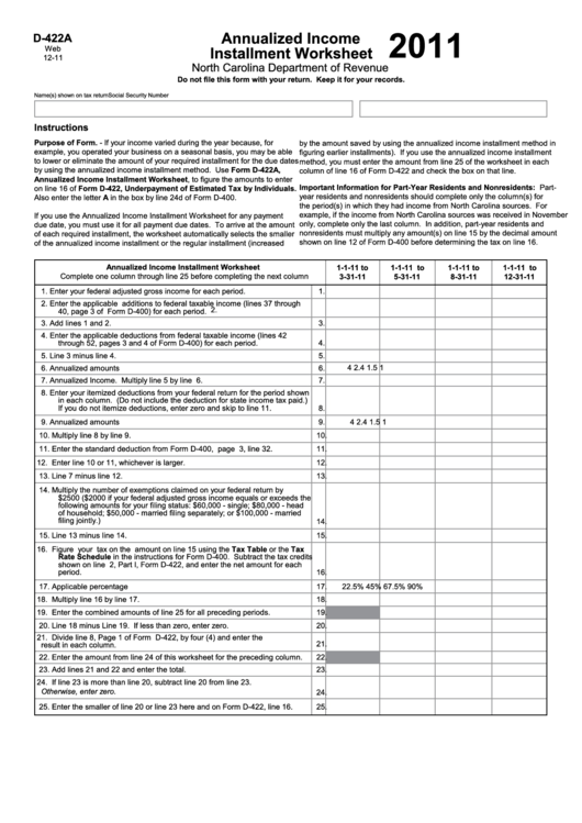 Form D-422a - Annualized Income Installment Worksheet - 2011 Printable pdf
