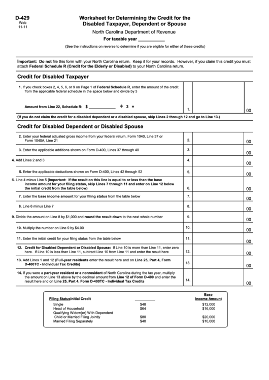 Form D-429 - Worksheet For Determining The Credit For The Disabled Taxpayer, Dependent Or Spouse Printable pdf