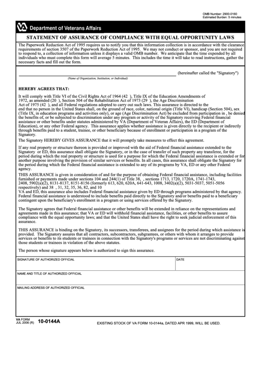 Fillable Va Form 10-0144a - Statement Of Assurance Of Compliance With Equal Opportunity Laws Printable pdf