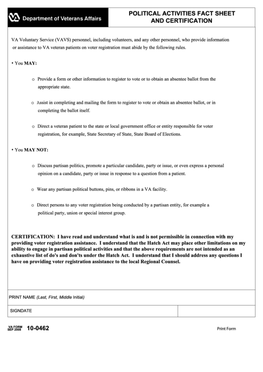 Va Form 10-0462 - Political Activities Fact Sheet And Certification Printable pdf
