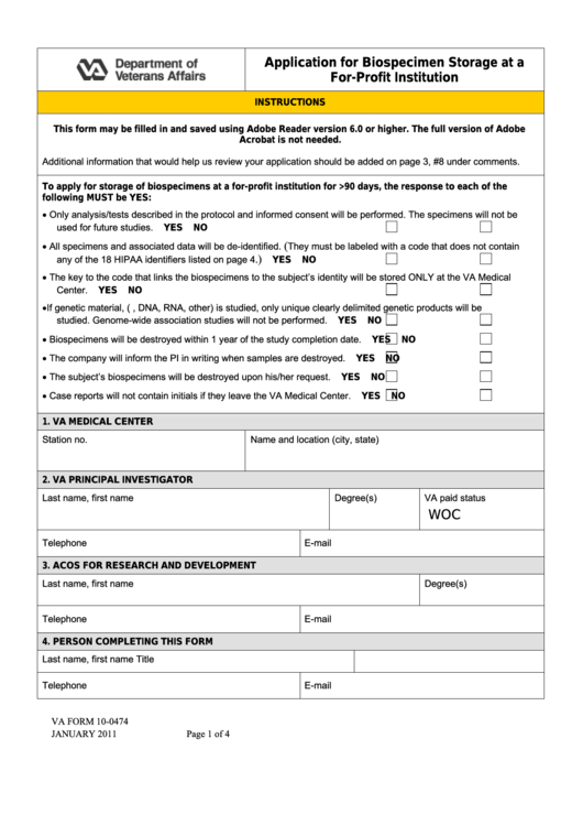 Fillable Va Form 10-0474 - Application For Biospecimen Storage At A For-Profit Institution Printable pdf