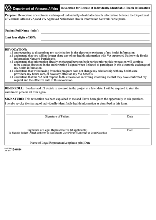 Fillable Va Form 10-0484 - Revocation For Release Of Individually-Identifiable Health Information Printable pdf