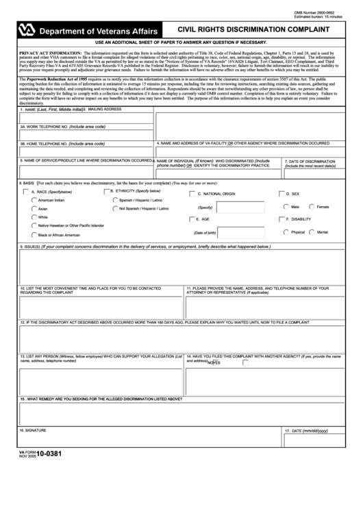 Fillable Va Form 10-0381 - Civil Rights Discrimination Complaint Printable pdf
