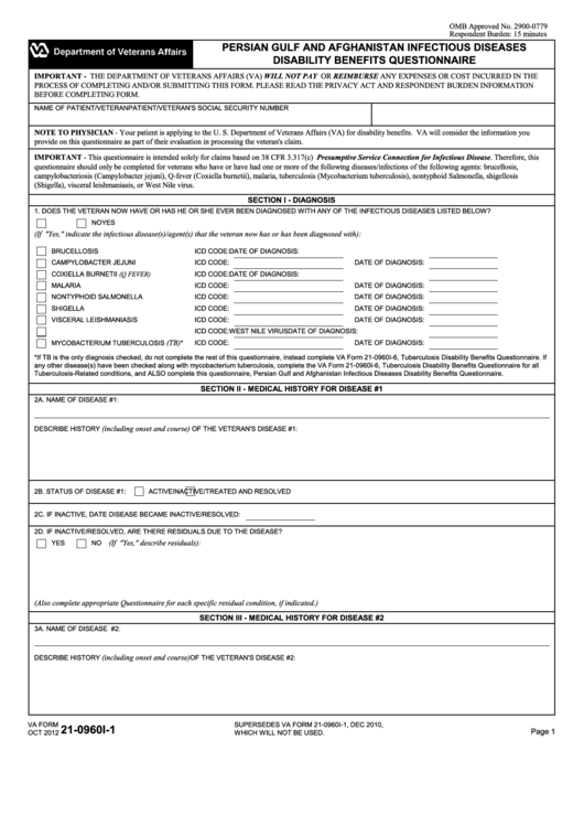 Fillable Va Form 21-0960i-1 - Persian Gulf And Afghanistan Infectious Diseases Disability Benefits Questionnaire Printable pdf