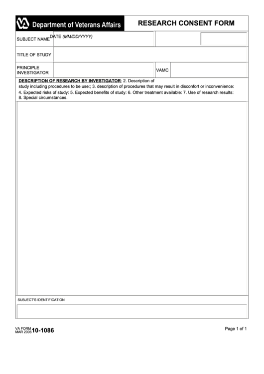 Fillable Va Form 10-1086 - Research Consent Form Printable pdf