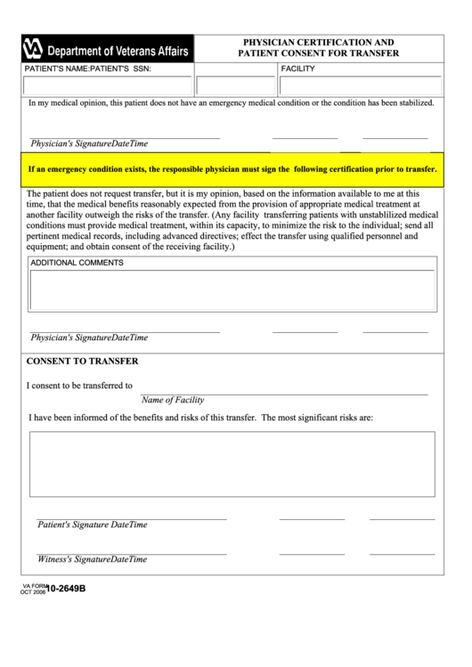 Fillable Va Form 10-2649b - Physician Certification And Patient Consent For Transfer Printable pdf