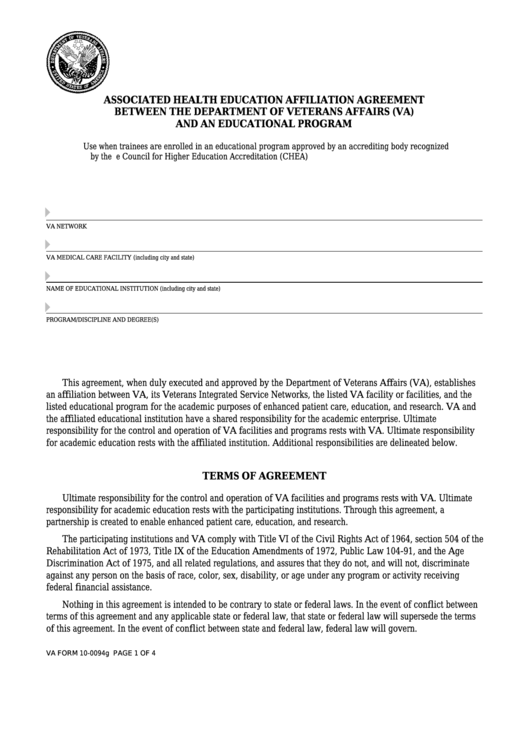 Fillable Va Form 10-0094g - Associated Health Education Affiliation Agreement Printable pdf