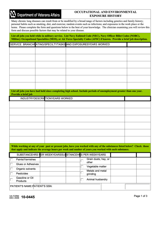 Fillable Va Form 10-0445 - Occupational And Environmental Exposure History Printable pdf