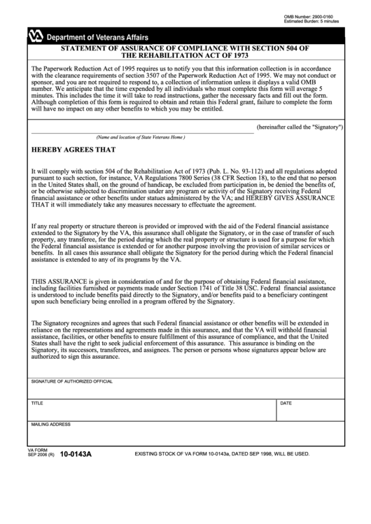 Va Form 10-0143a - Statement Of Assurance Of Compliance Printable pdf