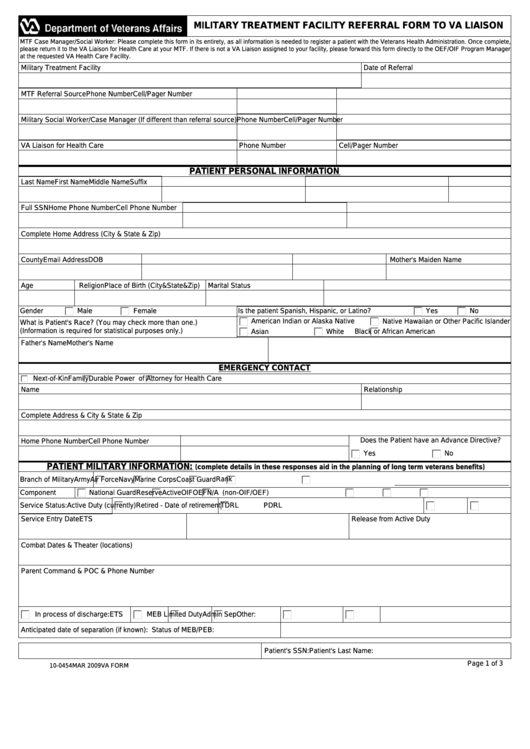 Fillable Va Form 10-0454 - Military Treatment Facility Referral Form To Va Liaison Printable pdf
