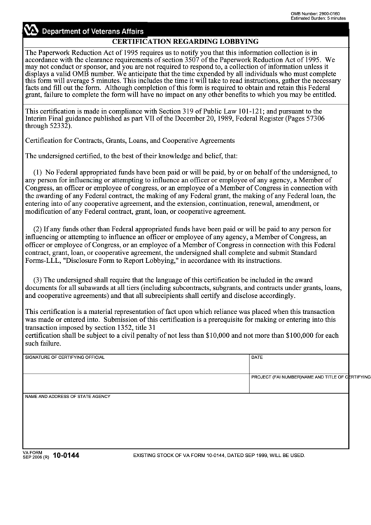Va Form 10-0144 - Certification Regarding Lobbying Printable pdf