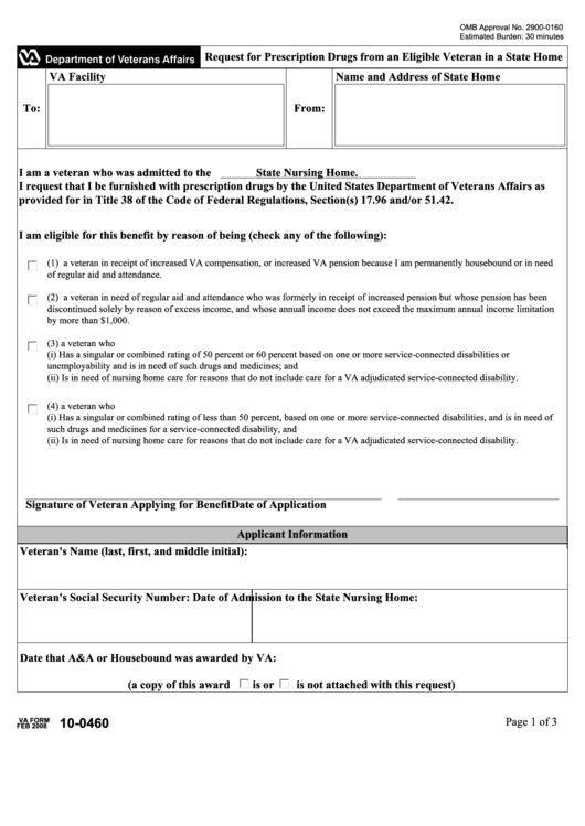 Fillable Va Form 10-0460 - Request For Prescription Drugs From An Eligible Veteran In A State Home Printable pdf