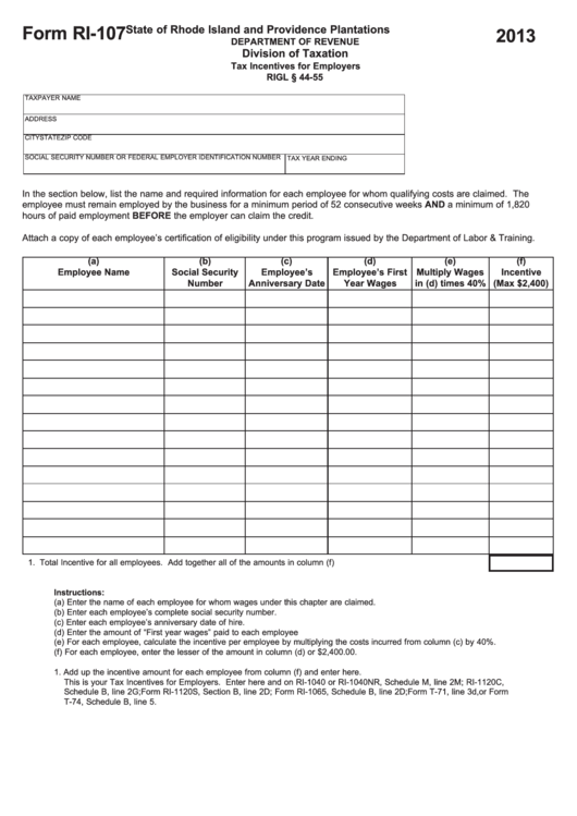 Fillable Form Ri-107 - Tax Incentives For Employers - 2013 Printable pdf
