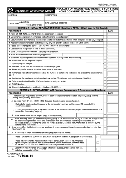 Fillable Va Form 10-0388-14 - Checklist Of Major Requirements For State Home Construction/acquisition Grants Printable pdf