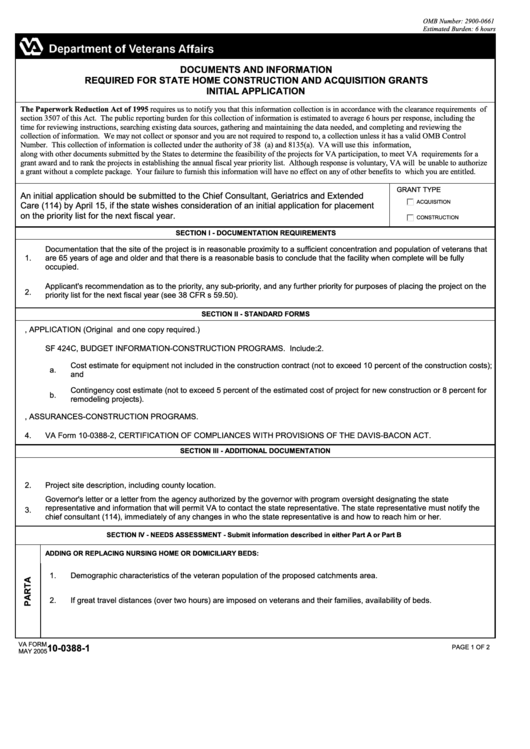 Va Form 10-0388-1 - Documents And Information Required For State Home Construction And Acquisition Grants Initial Application Printable pdf