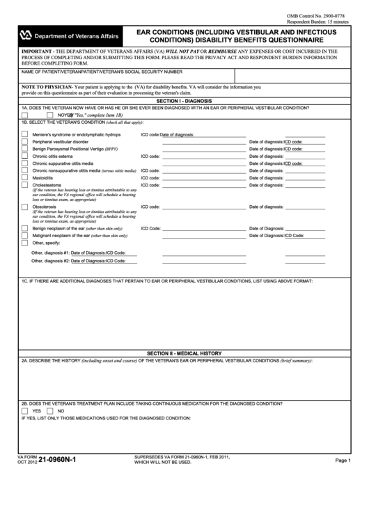 Fillable Va Form 21-0960n-1 - Ear Conditions (Including Vestibular And Infectious Conditions) Disability Benefits Questionnaire Printable pdf
